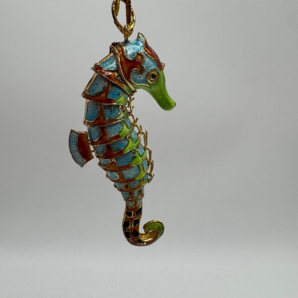 Vintage Cloisonne Articulated Seahorse Ornament Pendant Blue Green Enamel Metal